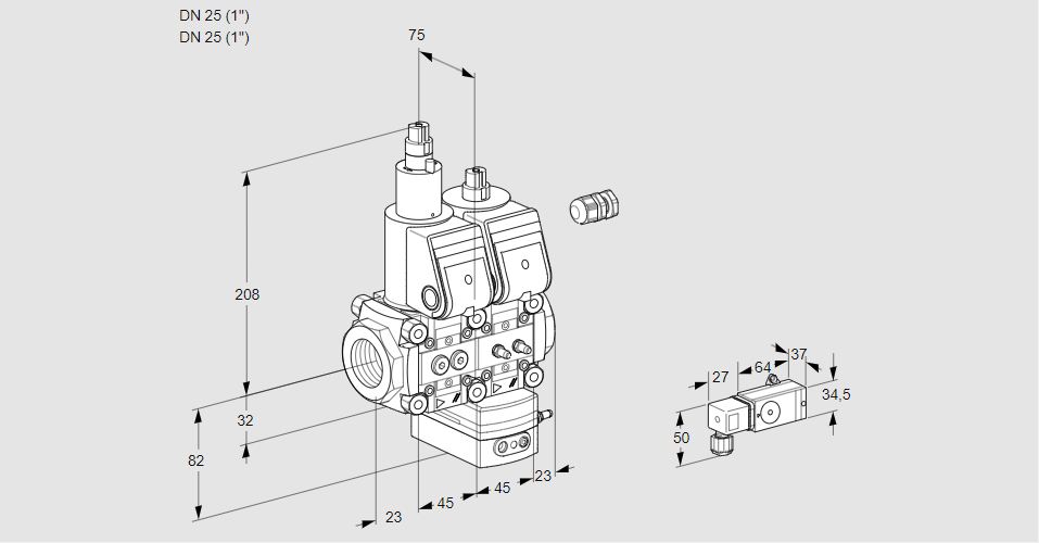 Регулятор соотношения газ/воздух с двумя эл.магнитными клапанами VCG 1E25R/25R05LGEWR/2-MM/PPPP