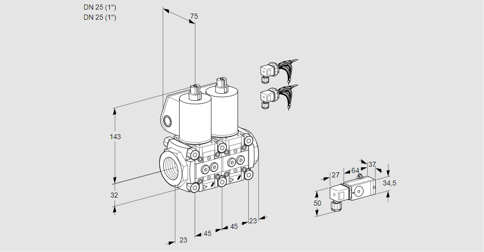 Клапан эл.магнитный сдвоенный VCS 1E25R/25R05NNWL6/PPPP/-3PP