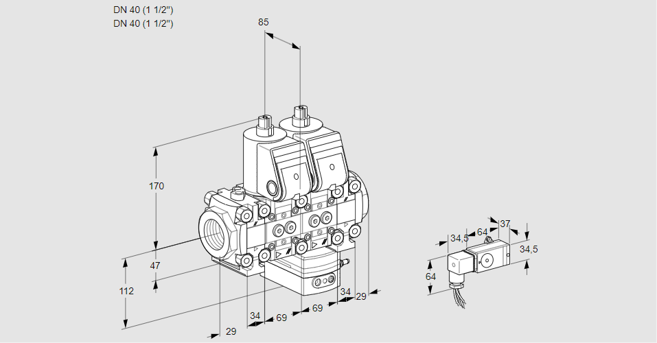 Регулятор соотношения газ/воздух с двумя эл.магнитными клапанами VCG 2T40N/40N05FNGKVQR/2--3/PPPP