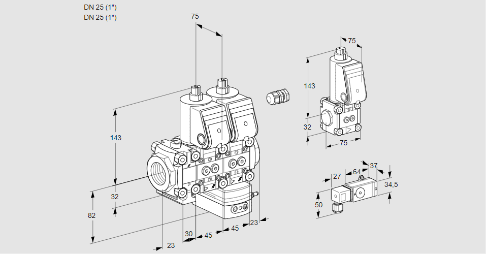 Регулятор соотношения газ/воздух с двумя эл.магнитными клапанами VCG 1E25R/25R05FNGEWR/2-PP/BSPP