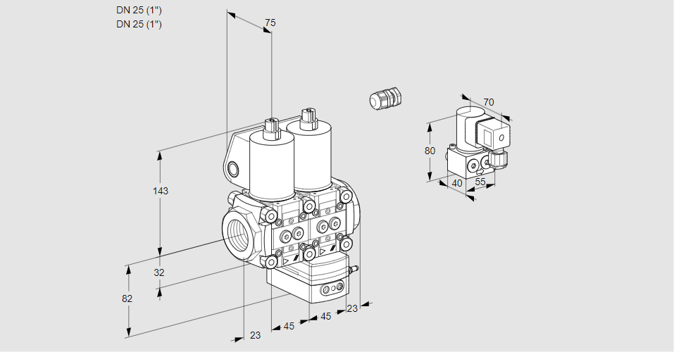 Регулятор соотношения газ/воздух с двумя эл.магнитными клапанами VCG 1E25R/25R05NGEWL/PPBY/PPPP