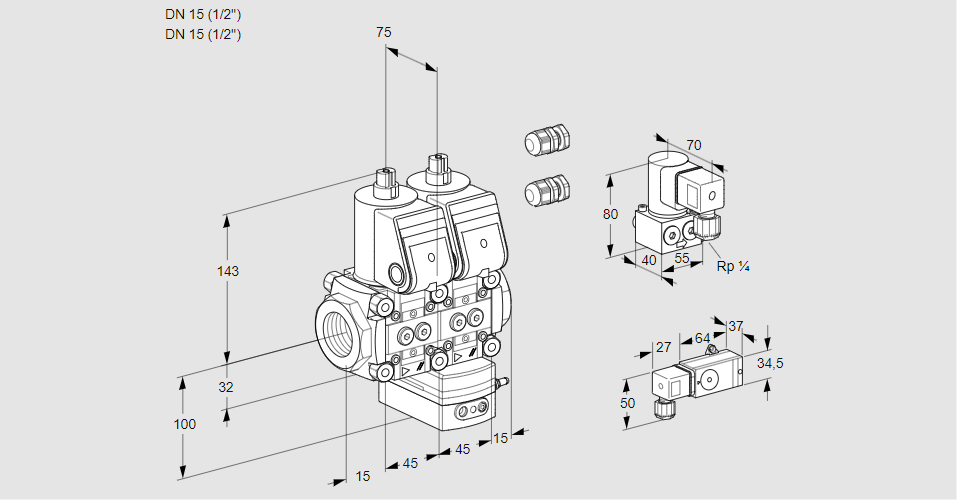 Регулятор соотношения газ/воздух с двумя эл.магнитными клапанами VCV 1E15R/15R05NVKWR3/2--4/PPZY