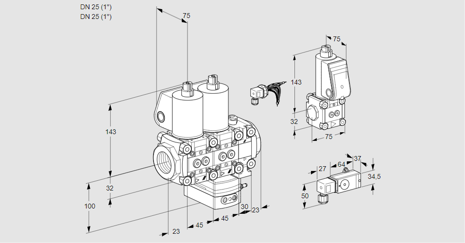Регулятор расхода с двумя эл.магнитными клапанами VCH 1E25R/25R05NHEVWL/PPZS/3--2