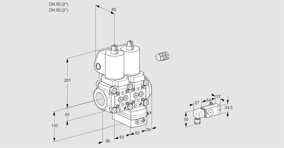 Регулятор соотношения газ/воздух с двумя эл.магнитными клапанами VCG 3E50R/50R05NGKQSL/MMPP/2--4