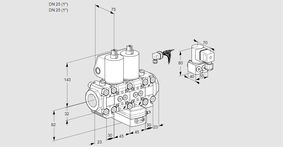 Регулятор соотношения газ/воздух с двумя эл.магнитными клапанами VCG 1E25R/25R05FNGEVWL/PPBY/PPMM
