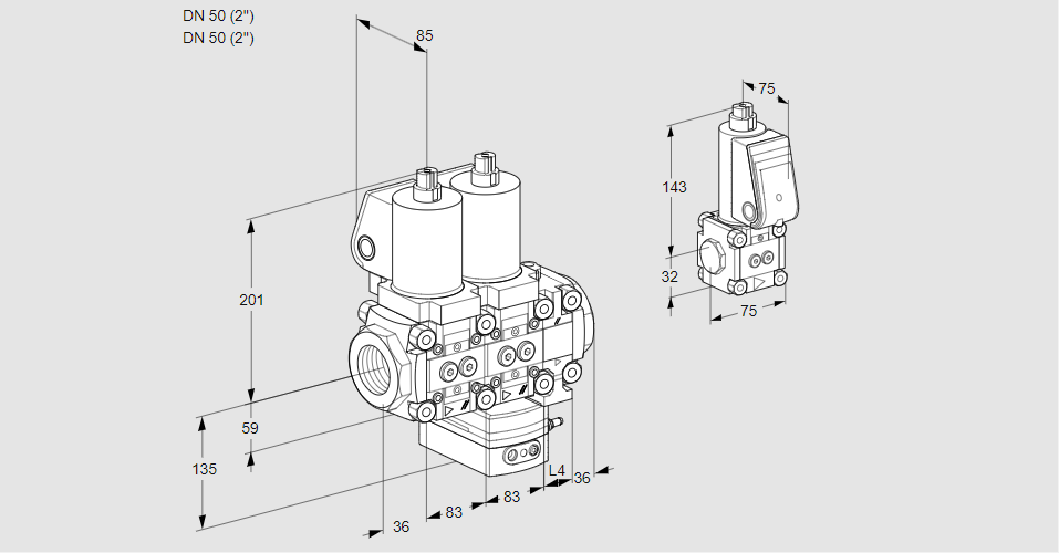 Регулятор соотношения газ/воздух с двумя эл.магнитными клапанами VCG 3T50N/50N05NGNVQSL/PPZS/PPPP