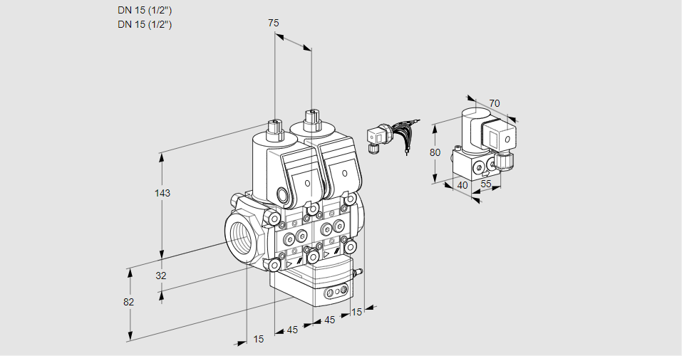 Регулятор соотношения газ/воздух с двумя эл.магнитными клапанами VCG 1E15R/15R05NGEWR/PPPP/BYPP