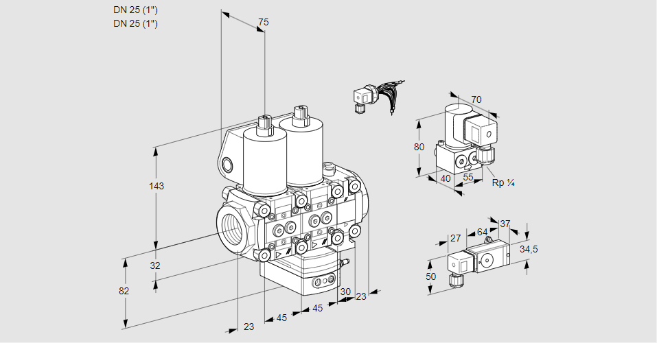 Регулятор соотношения газ/воздух с двумя эл.магнитными клапанами VCG 1E25R/25R05NGEVWL/PPZY/PP2-