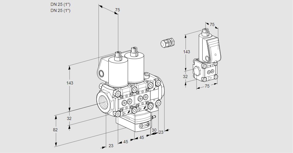 Регулятор соотношения газ/воздух с двумя эл.магнитными клапанами VCG 1E25R/25R05NGEVWL/PPBS/PPPP