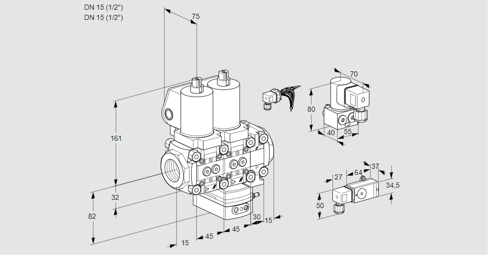 Регулятор соотношения газ/воздух с двумя эл.магнитными клапанами VCG 1E15R/15R05NGEVQGL/4-BY/2-PP