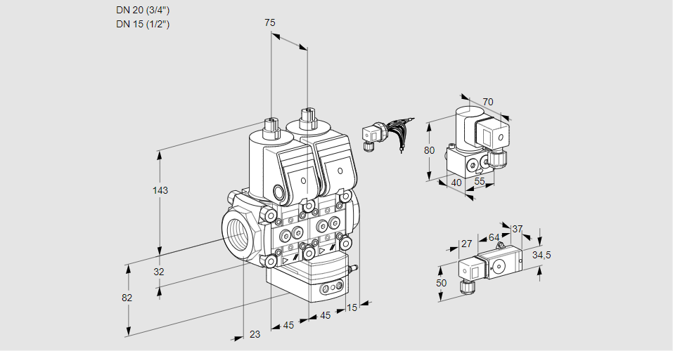 Регулятор соотношения газ/воздух с двумя эл.магнитными клапанами VCG 1E20R/15R05NGEWR/2--4/MMBY