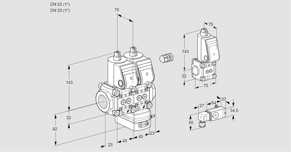 Регулятор соотношения газ/воздух с двумя эл.магнитными клапанами VCG 1E25R/25R05NGEWR/2--3/PPZS