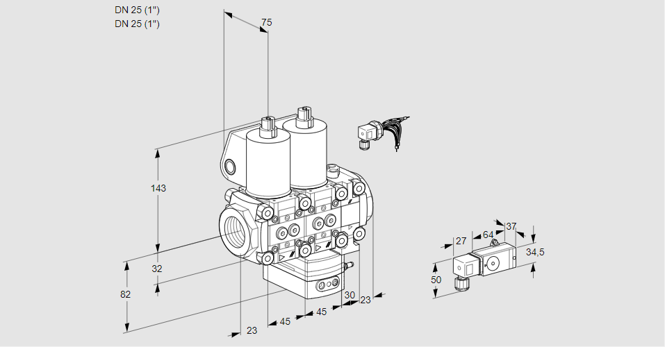 Регулятор соотношения газ/воздух с двумя эл.магнитными клапанами VCG 1E25R/25R05NGEVWL/PPPP/-2PP