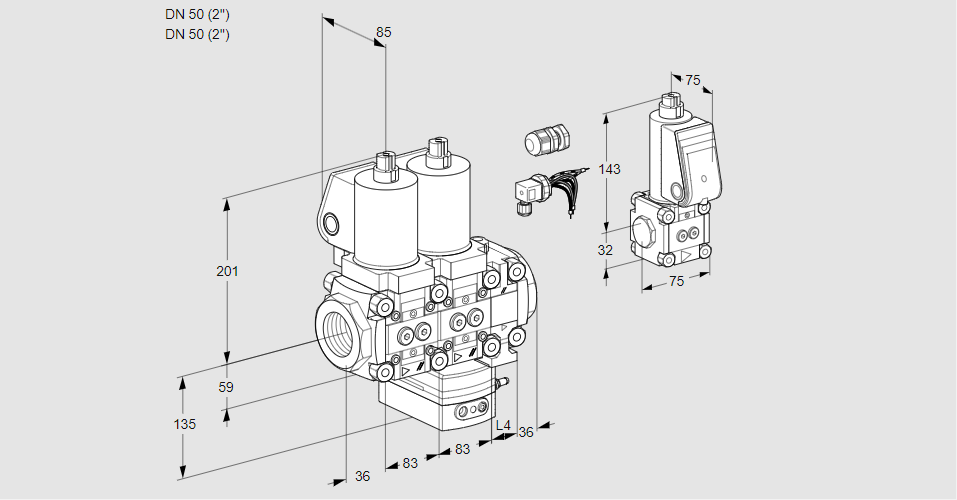 Регулятор соотношения газ/воздух с двумя эл.магнитными клапанами VCG 3E50R/50R05NGEVWSL8/PPBS/PPMM