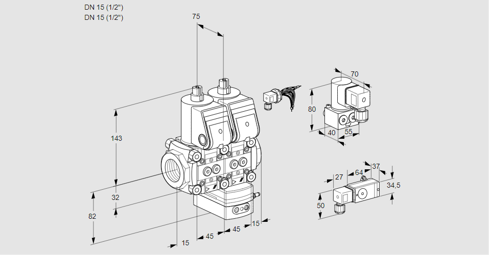 Регулятор соотношения газ/воздух с двумя эл.магнитными клапанами VCG 1E15R/15R05NGEWR/2-PP/4-BY