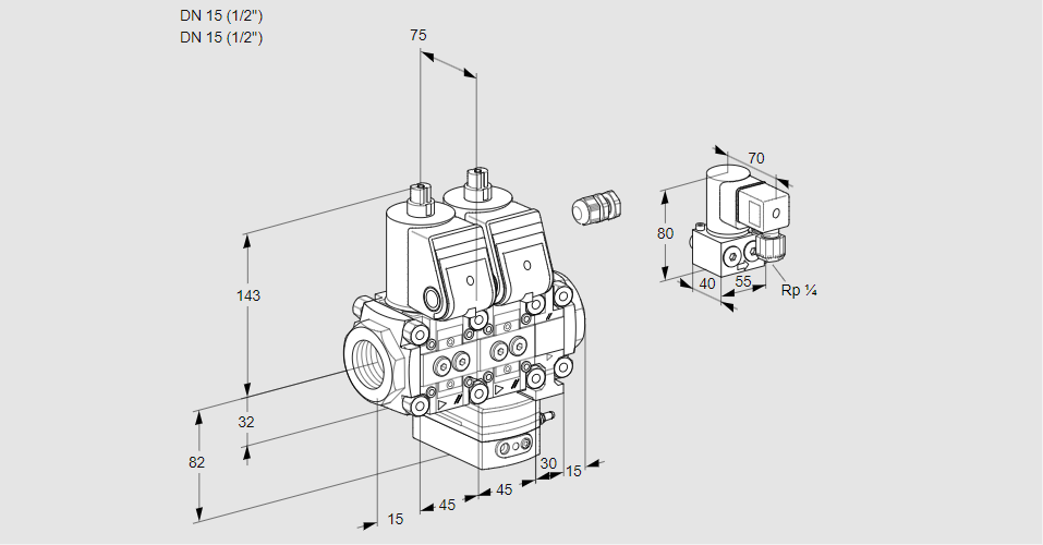 Регулятор соотношения газ/воздух с двумя эл.магнитными клапанами VCG 1E15R/15R05NGEVWR/PPPP/PPZY
